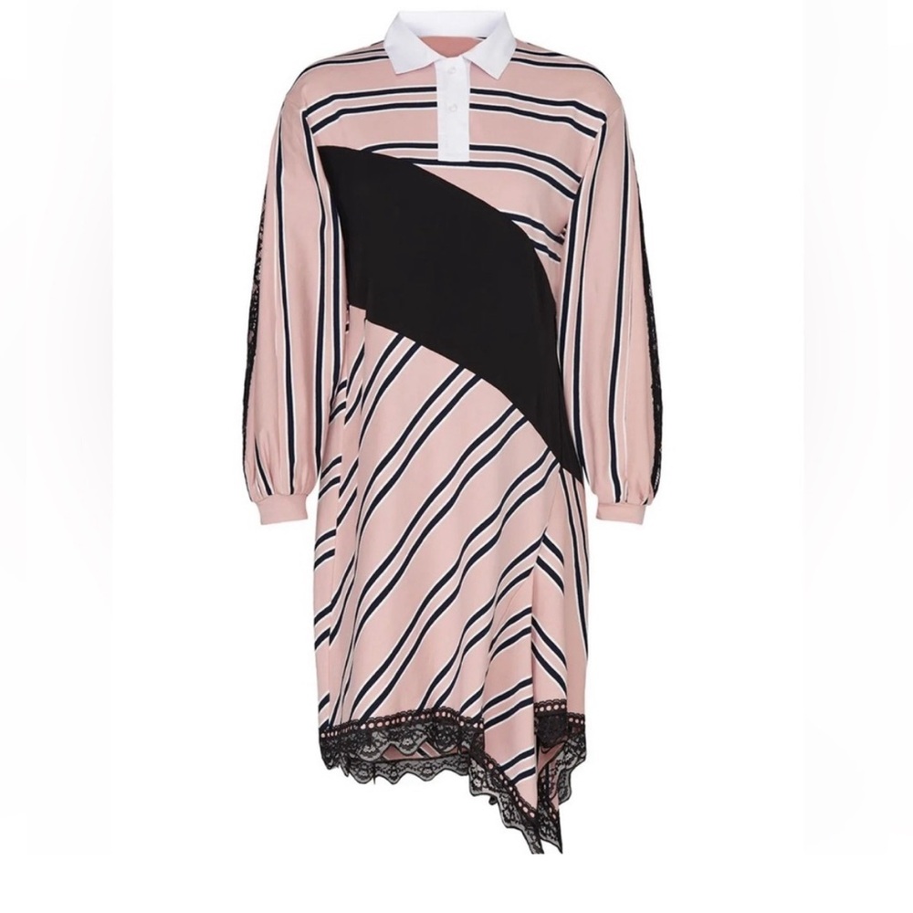 Koche Collective Pink Striped Lace Trim Short Sleeve Asymmetrical Dress Size 34